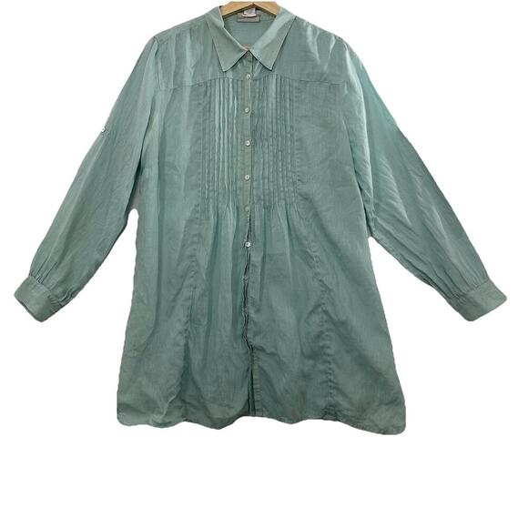 Soft Surroundings Button Up Tunic Womens L Linen Pin Tuck Long Sleeve Coastal - Picture 1 of 12